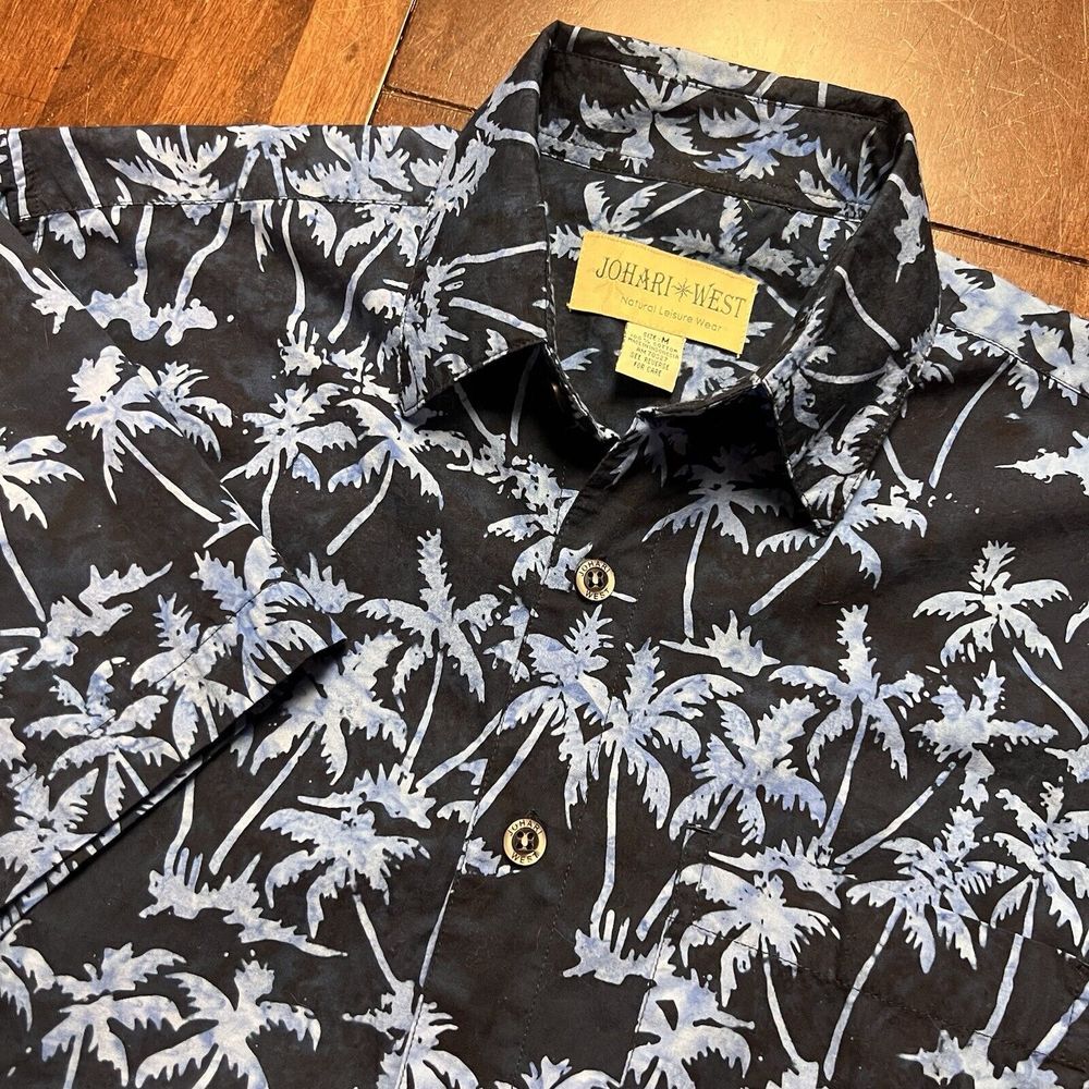 Johari West Batik Print Button Shirt Mens M Palms Cotton‎ Resort Beach Hawaiian